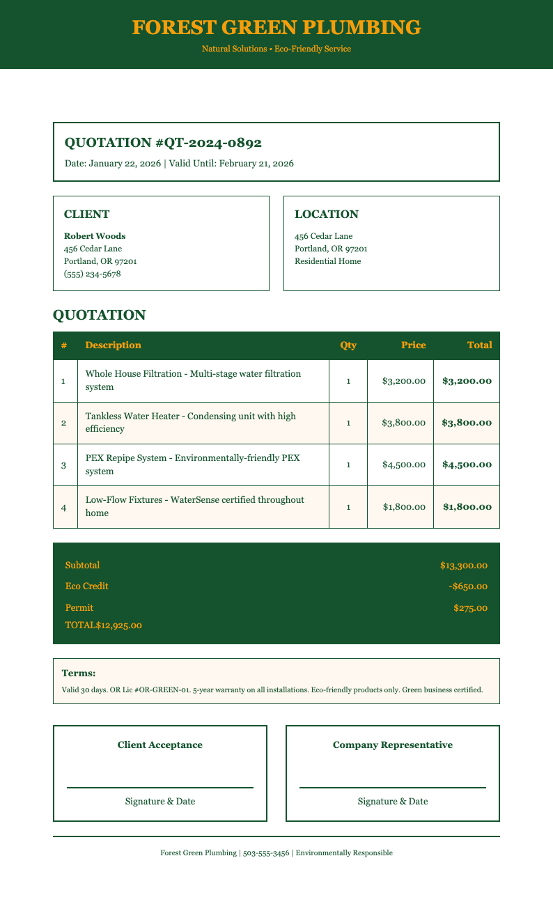 Forest green plumbing quotation